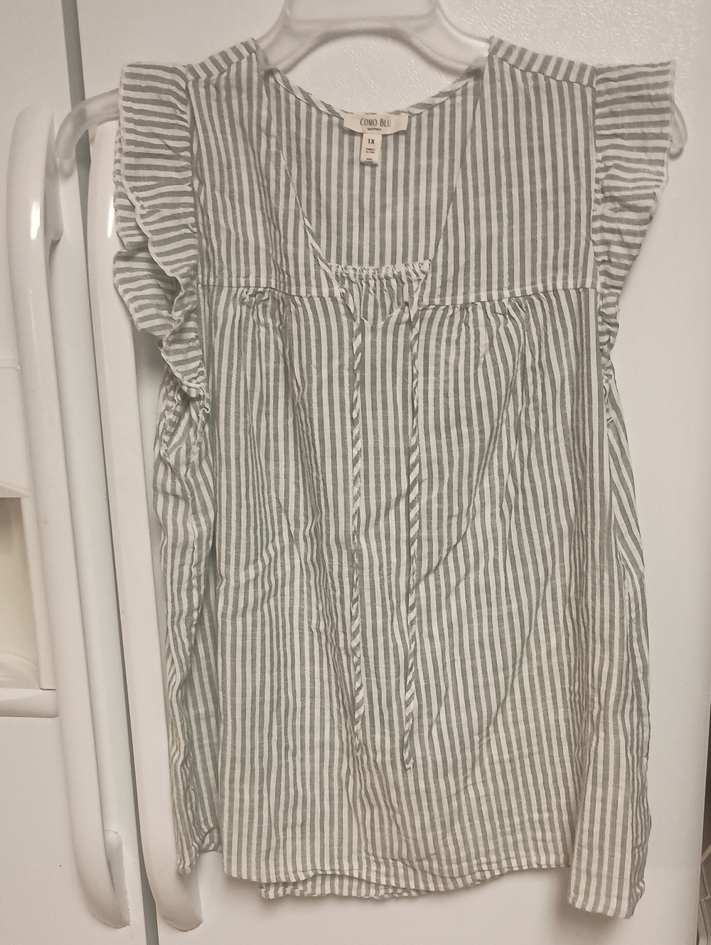 Como Blu Striped Ruffle Sleeve Blouse in Sage and White Women's Size 1X